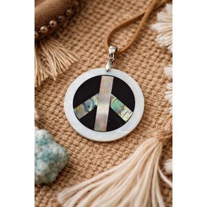 Abalone Mother of Pearl Peace Sign Pendant 2” 925 Sterling Silver Bail